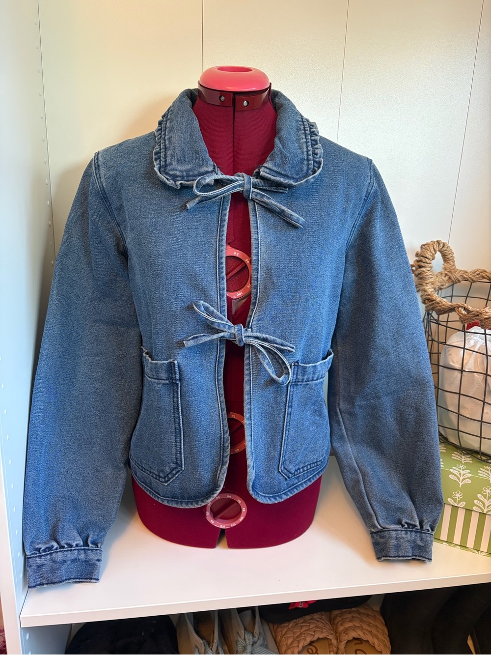 Stoosh Distressed Blue Denim Tie-Front Jacket